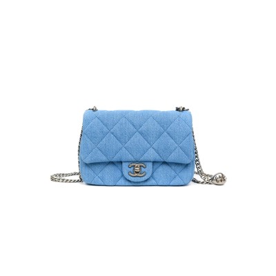 CHANEL MASTER HEART CRUSH MINI FLAP BAG BLUE DENIM AGED SILVER HARDWARE  (19*13*6cm)